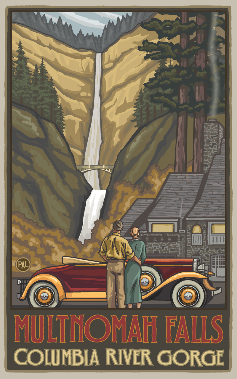 Multnomah Falls with Car Poster by Paul A. Lanquist